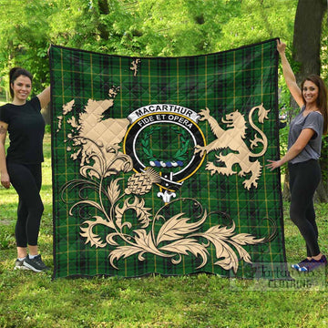 MacArthur (McArthur) Tartan Crest Premium Quilt with Scottish Iconic Symbols 