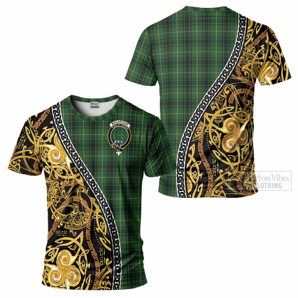 MacArthur (McArthur) Tartan Crest T-Shirt Celtic Knot and Triple Trickle Spiral Symbols