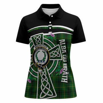 MacArthur (McArthur) Tartan Crest Women Polo Shirt Scottish Thistle Celtic Cross Alba Gu Brath