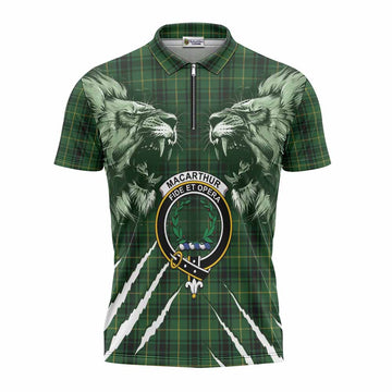 MacArthur (McArthur) Tartan Crest Zipper Polo Shirt Ferocious Lion Style