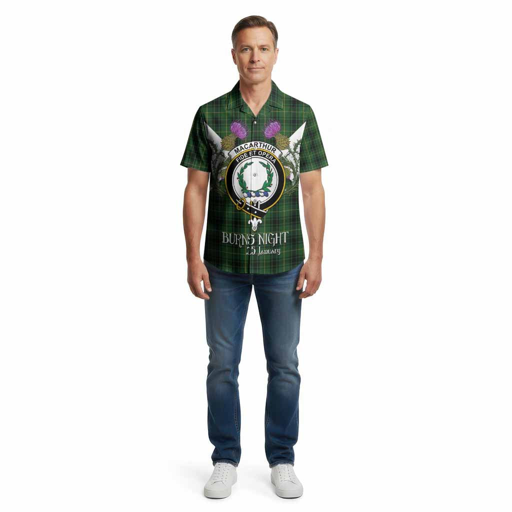 MacArthur (McArthur) Tartan Family Crest Cotton Hawaiian Shirt Scottish Burns Night Thistle Floral