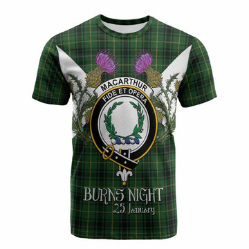 MacArthur (McArthur) Tartan Family Crest Cotton T-shirt Scottish Burns Night Thistle Floral