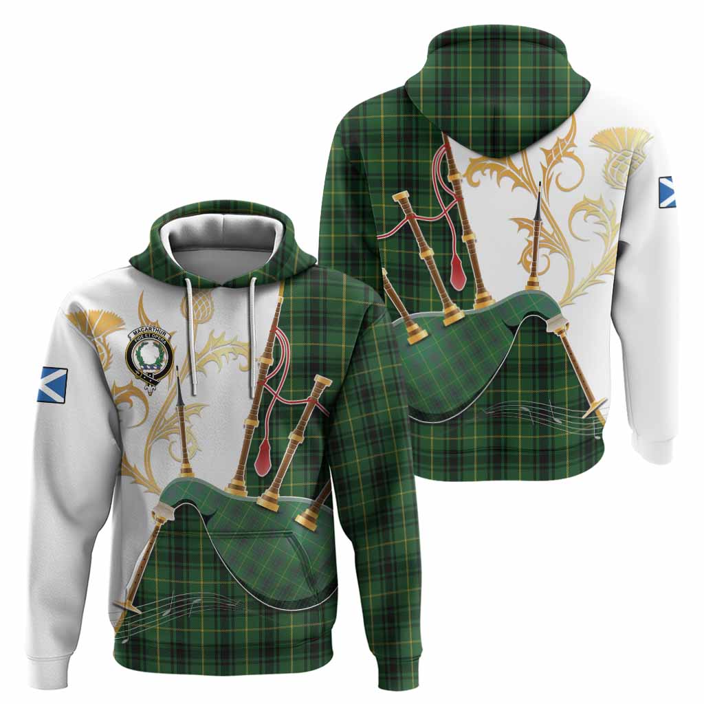 MacArthur (McArthur) Tartan Family Crest Hoodie Bagpipes with Scottish Thistle