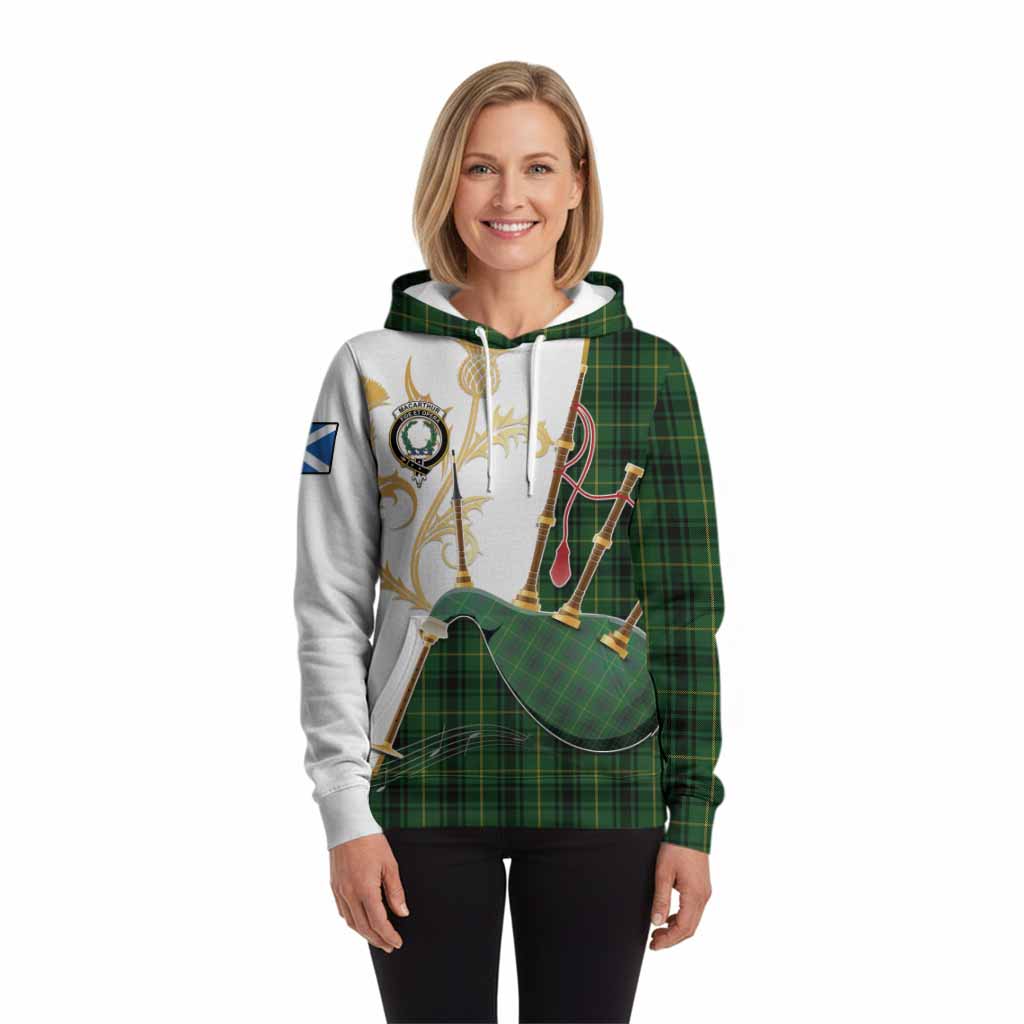MacArthur (McArthur) Tartan Family Crest Hoodie Bagpipes with Scottish Thistle