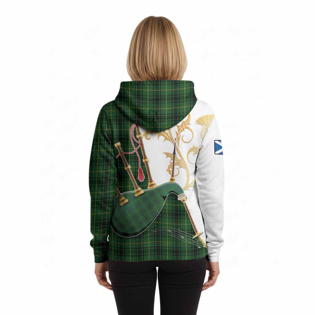 MacArthur (McArthur) Tartan Family Crest Hoodie Bagpipes with Scottish Thistle