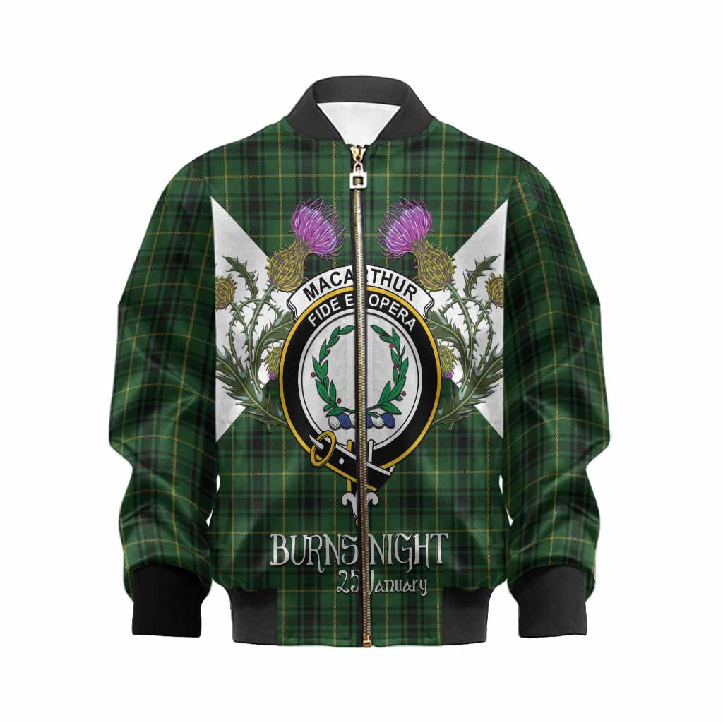 MacArthur (McArthur) Tartan Family Crest Kid Bomber Jacket Scottish Burns Night Thistle Floral