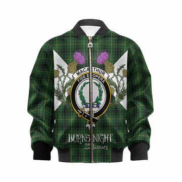 MacArthur (McArthur) Tartan Family Crest Kid Bomber Jacket Scottish Burns Night Thistle Floral