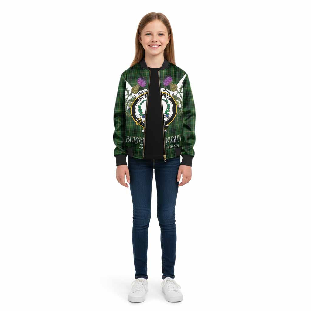 MacArthur (McArthur) Tartan Family Crest Kid Bomber Jacket Scottish Burns Night Thistle Floral