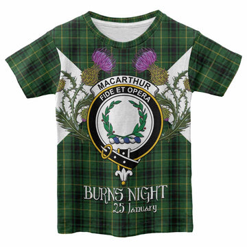 MacArthur (McArthur) Tartan Family Crest Kid T-shirt Scottish Burns Night Thistle Floral