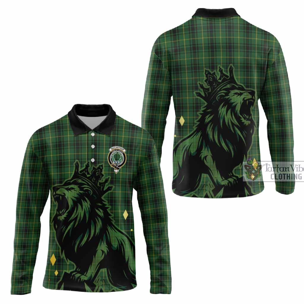 MacArthur (McArthur) Tartan Family Crest Long Sleeve Polo Shirt Crowned Lion Roaring
