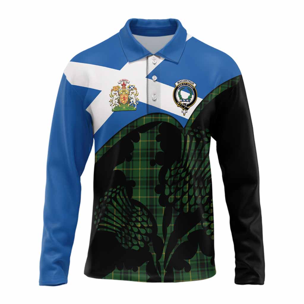 MacArthur (McArthur) Tartan Family Crest Long Sleeve Polo Shirt Scotland Thistle Floral Flag Style