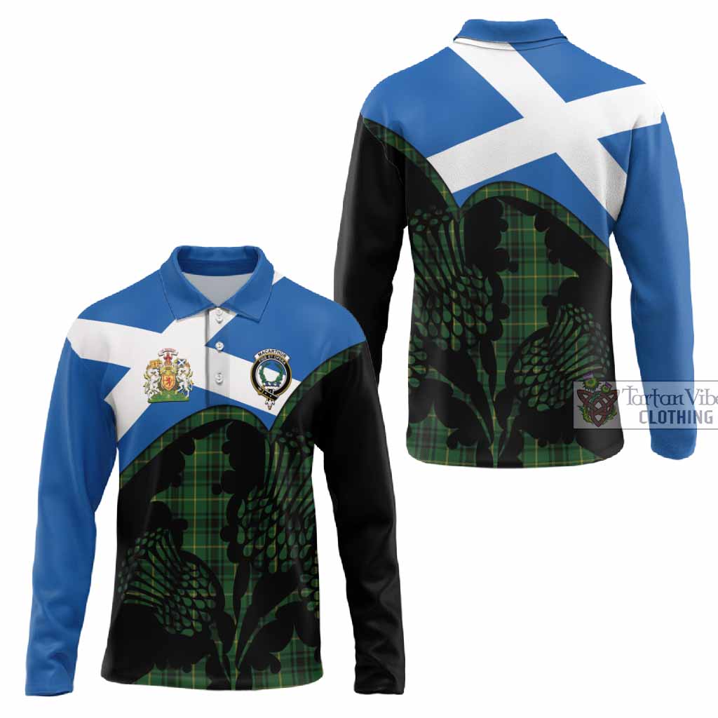 MacArthur (McArthur) Tartan Family Crest Long Sleeve Polo Shirt Scotland Thistle Floral Flag Style