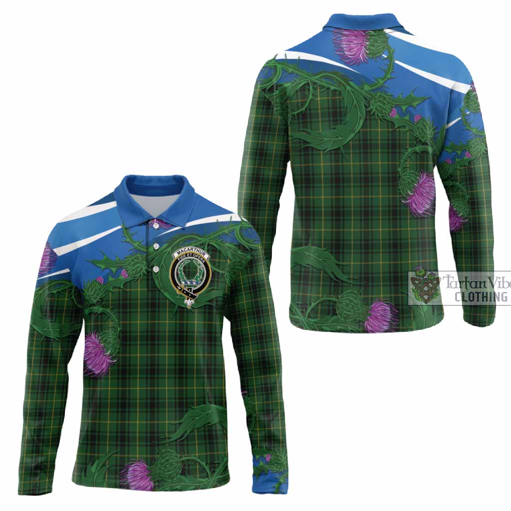MacArthur (McArthur) Tartan Family Crest Long Sleeve Polo Shirt Thistle in Minimalism