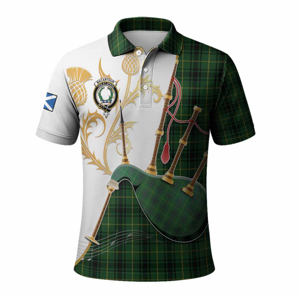 MacArthur (McArthur) Tartan Family Crest Polo Shirt Bagpipes with Scottish Thistle