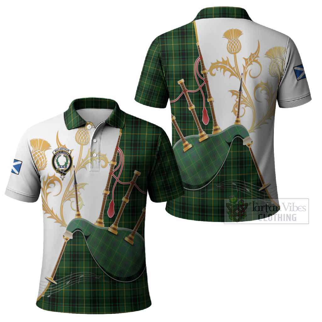 MacArthur (McArthur) Tartan Family Crest Polo Shirt Bagpipes with Scottish Thistle