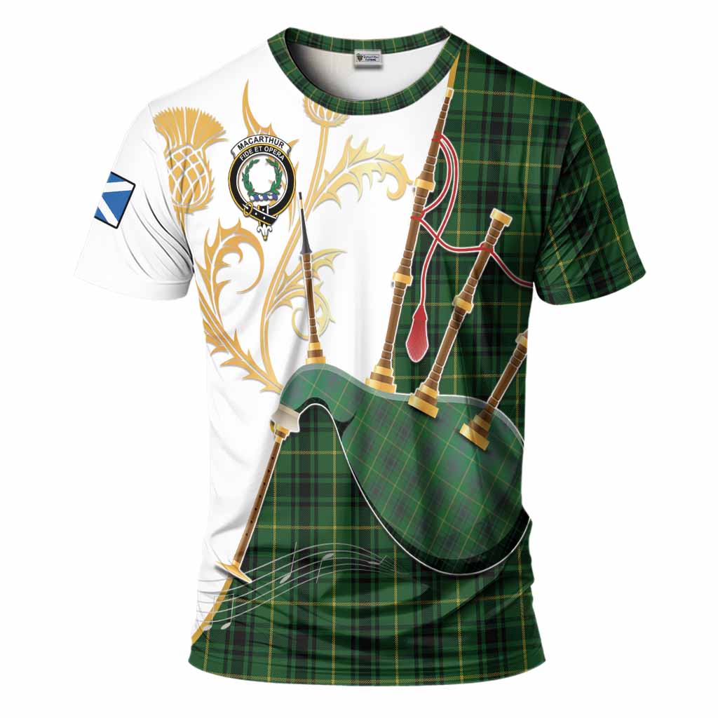 MacArthur (McArthur) Tartan Family Crest T-Shirt Bagpipes with Scottish Thistle