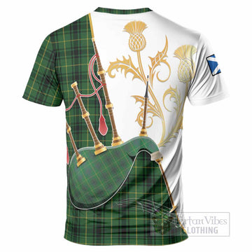 MacArthur (McArthur) Tartan Family Crest T-Shirt Bagpipes with Scottish Thistle