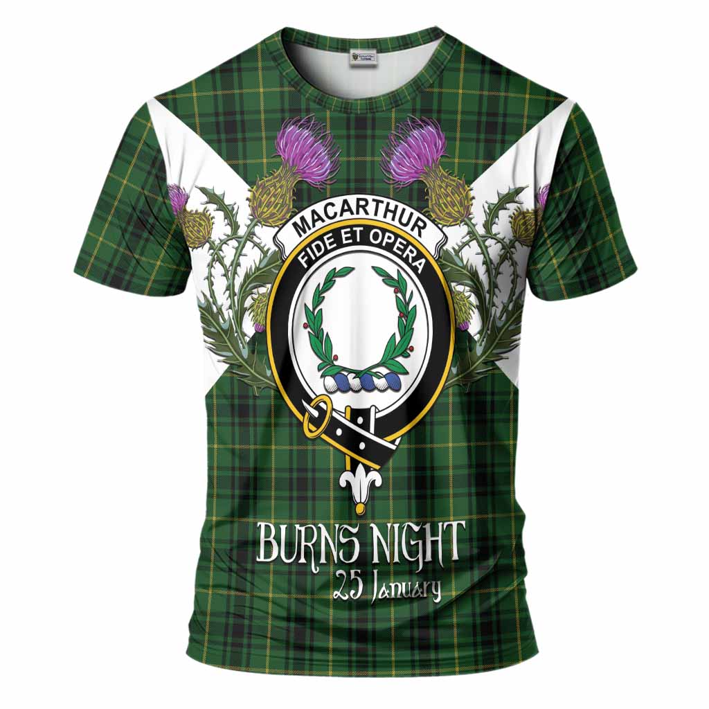 MacArthur (McArthur) Tartan Family Crest T-Shirt Scottish Burns Night Thistle Floral
