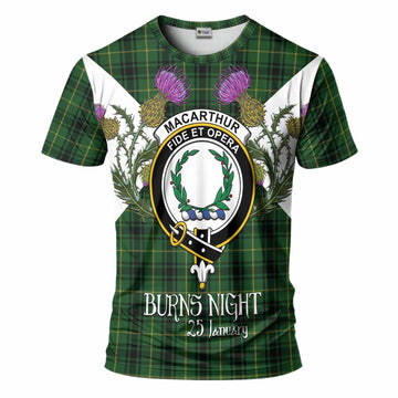 MacArthur (McArthur) Tartan Family Crest T-Shirt Scottish Burns Night Thistle Floral