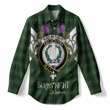 MacArthur (McArthur) Tartan Family Crest Women Casual Shirt Scottish Burns Night Thistle Floral