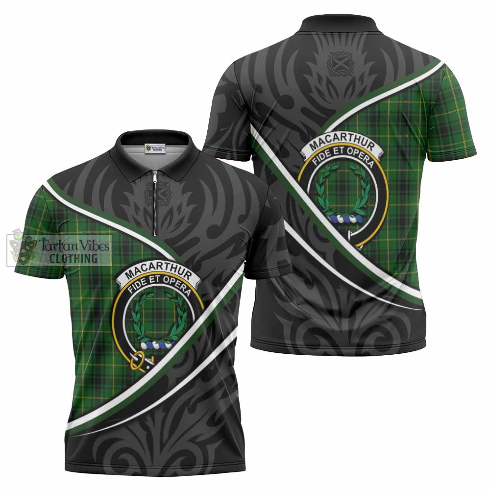 MacArthur (McArthur) Tartan Family Crest Zipper Polo Shirt Celtic Scottish Thistle Floral - Tartan Vibes Clothing
