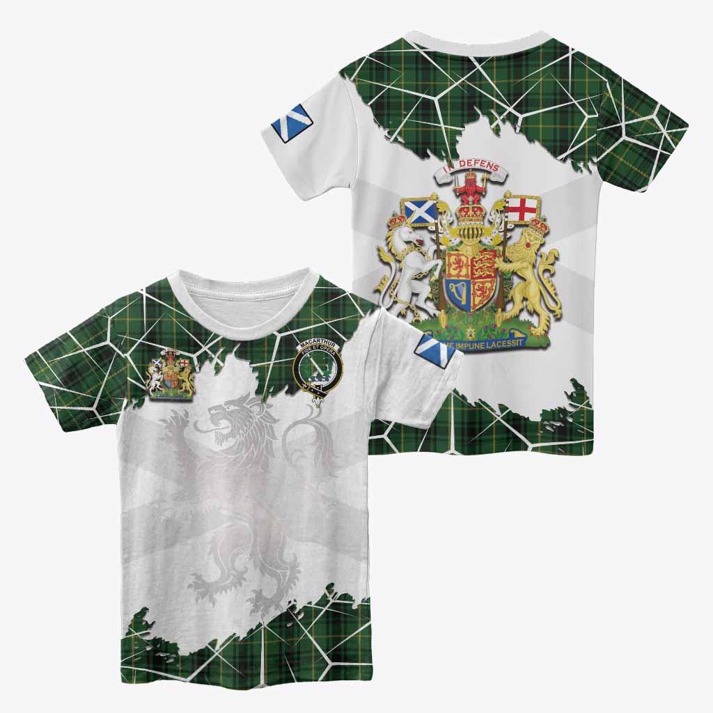 MacArthur (McArthur) Tartan Kid T-shirt with Family Crest and Lion Rampant Grunge Style