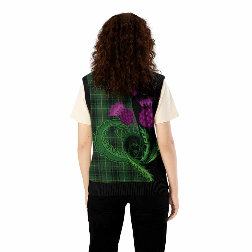 MacArthur (McArthur) Tartan Knitted V-Neck Vest Traditional Scottish Thistle