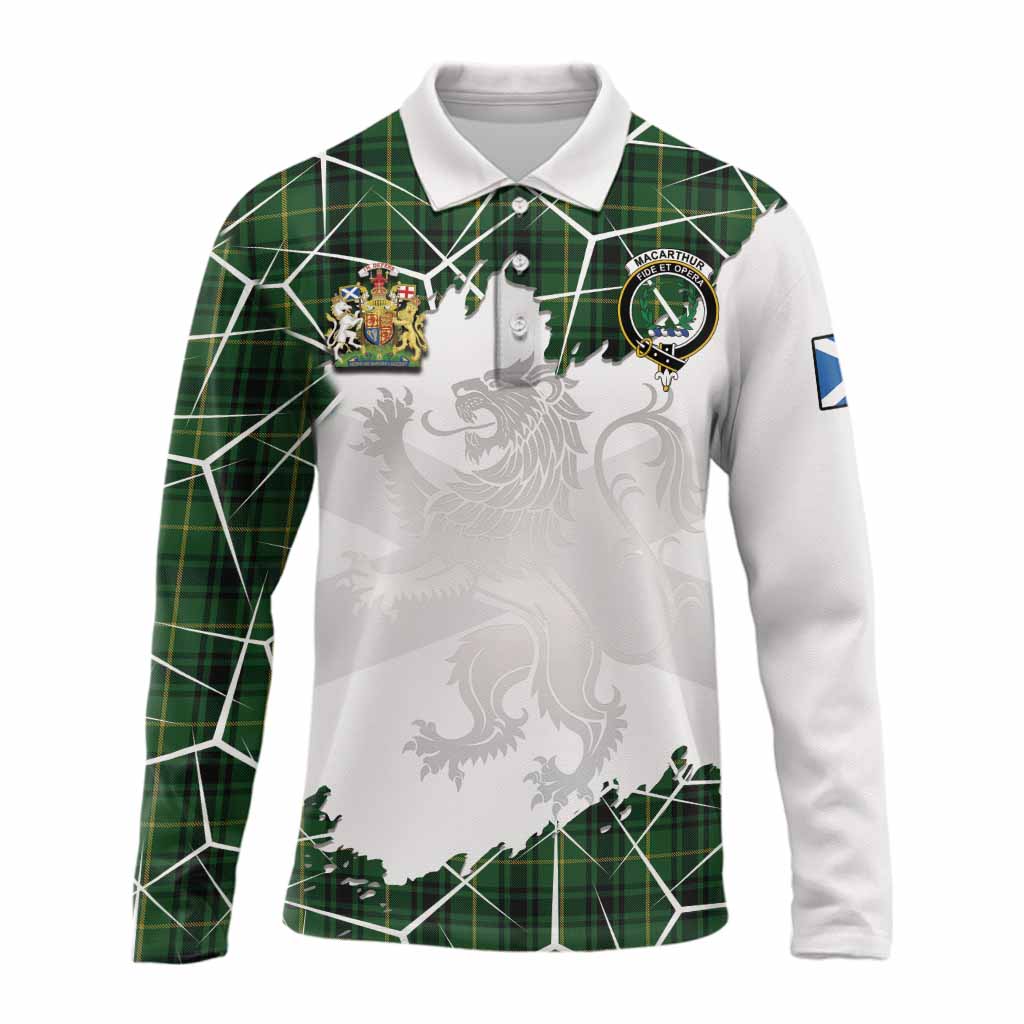 MacArthur (McArthur) Tartan Long Sleeve Polo Shirt with Family Crest and Lion Rampant Grunge Style