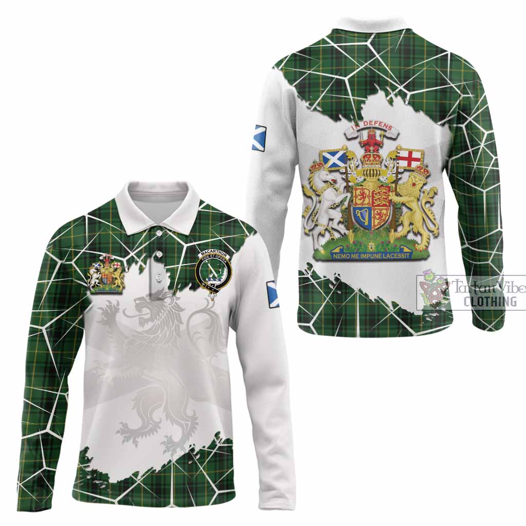 MacArthur (McArthur) Tartan Long Sleeve Polo Shirt with Family Crest and Lion Rampant Grunge Style