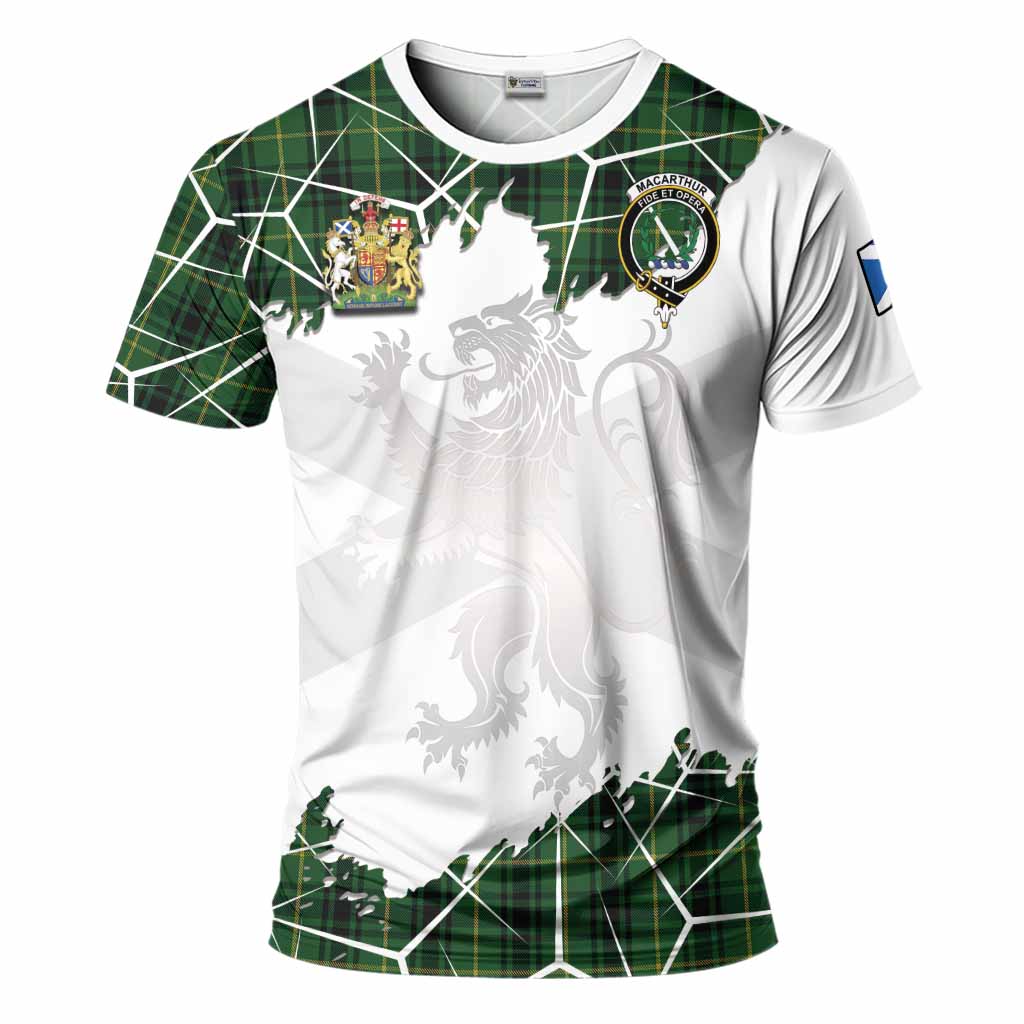 MacArthur (McArthur) Tartan T-Shirt with Family Crest and Lion Rampant Grunge Style