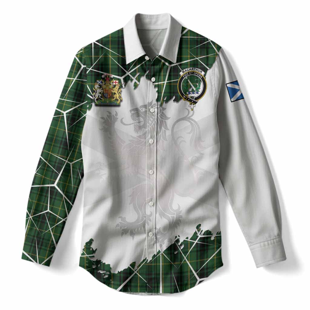 MacArthur (McArthur) Tartan Women Casual Shirt with Family Crest and Lion Rampant Grunge Style