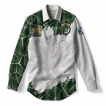 MacArthur (McArthur) Tartan Women Casual Shirt with Family Crest and Lion Rampant Grunge Style