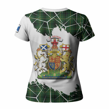 MacArthur (McArthur) Tartan Women T shirt with Family Crest and Lion Rampant Grunge Style