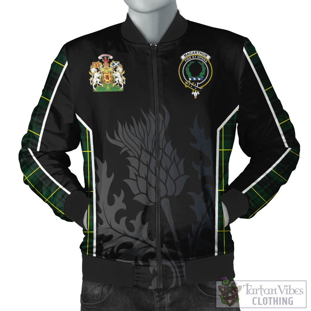 Tartan Vibes Clothing MacArthur Modern Tartan Bomber Jacket with Family Crest and Scottish Thistle Vibes Sport Style