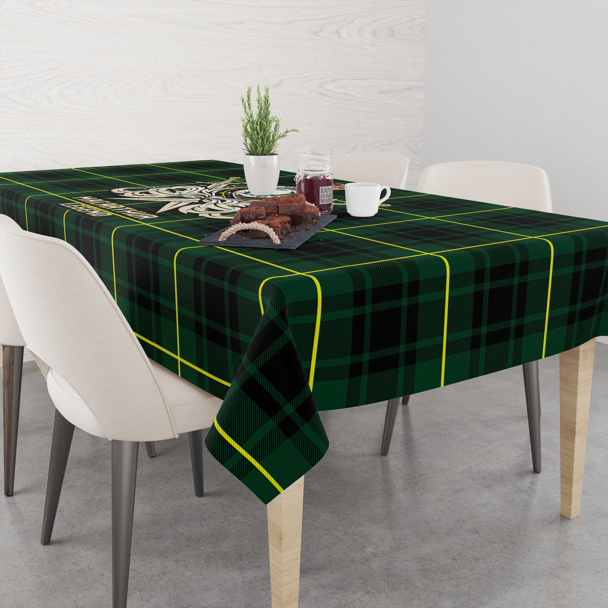 Tartan Vibes Clothing MacArthur Modern Tartan Tablecloth with Clan Crest and the Golden Sword of Courageous Legacy