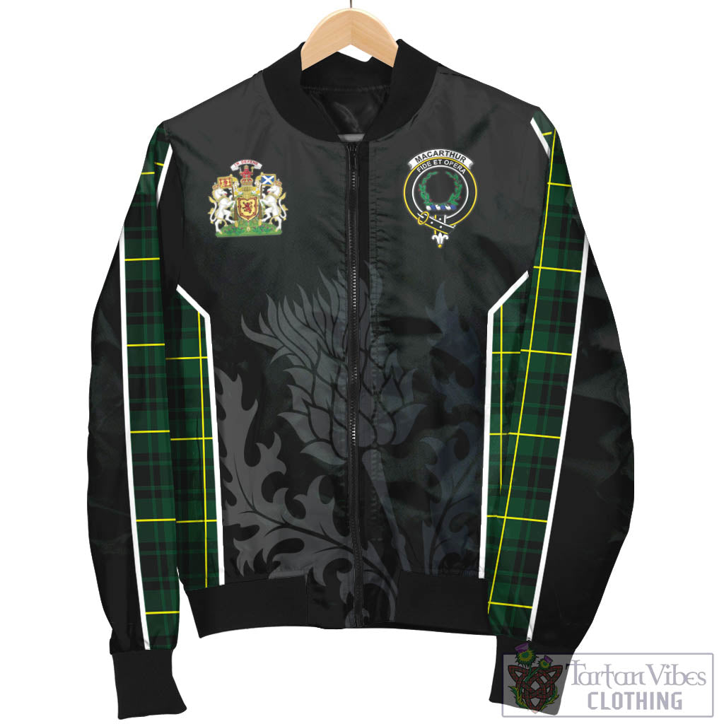Tartan Vibes Clothing MacArthur Modern Tartan Bomber Jacket with Family Crest and Scottish Thistle Vibes Sport Style