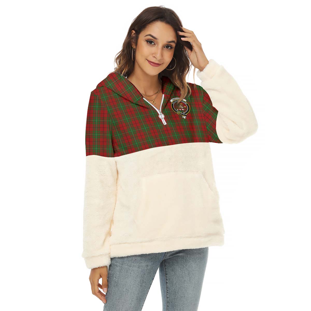 MacAulay (MacAuley) Tartan Women's Borg Fleece Hoodie With Half Zip with Family Crest Female - Tartan Vibes Clothing