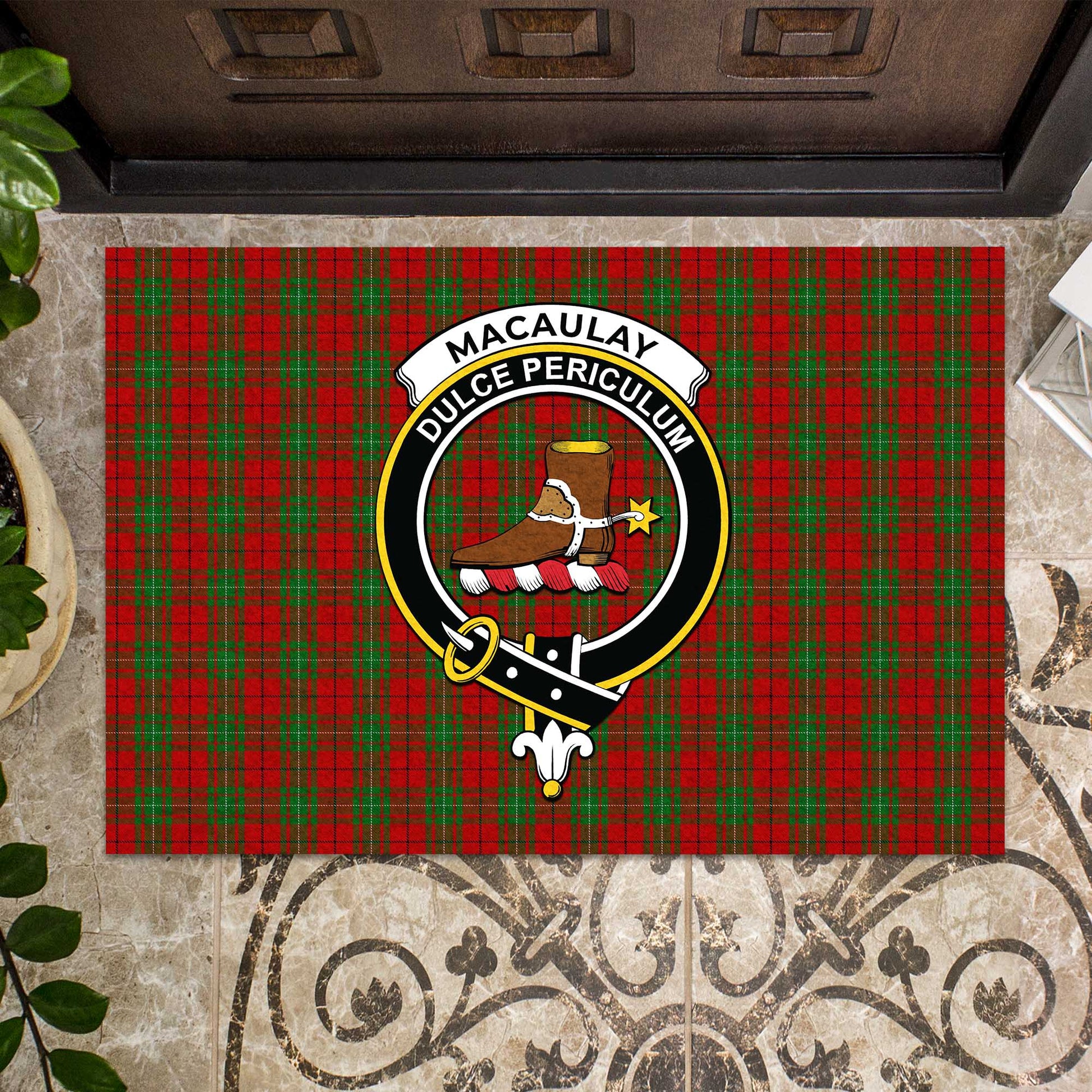 MacAulay Tartan Door Mat with Family Crest - Tartanvibesclothing