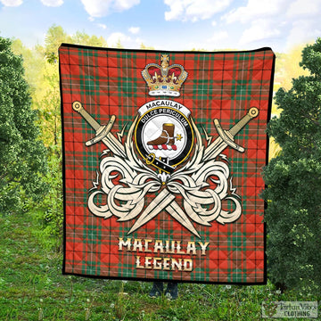MacAulay Ancient Tartan Quilt with Clan Crest and the Golden Sword of Courageous Legacy