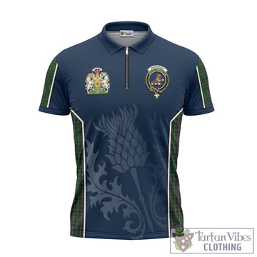 MacAulay Hunting Tartan Zipper Polo Shirt with Family Crest and Scottish Thistle Vibes Sport Style