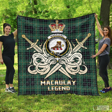 MacAulay Hunting Ancient Tartan Quilt with Clan Crest and the Golden Sword of Courageous Legacy