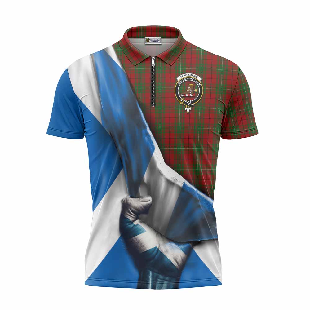 Tartan Vibes Clothing MacAulay (MacAuley) Tartan Zipper Polo Shirt with Family Crest Scotland Patriotic Style