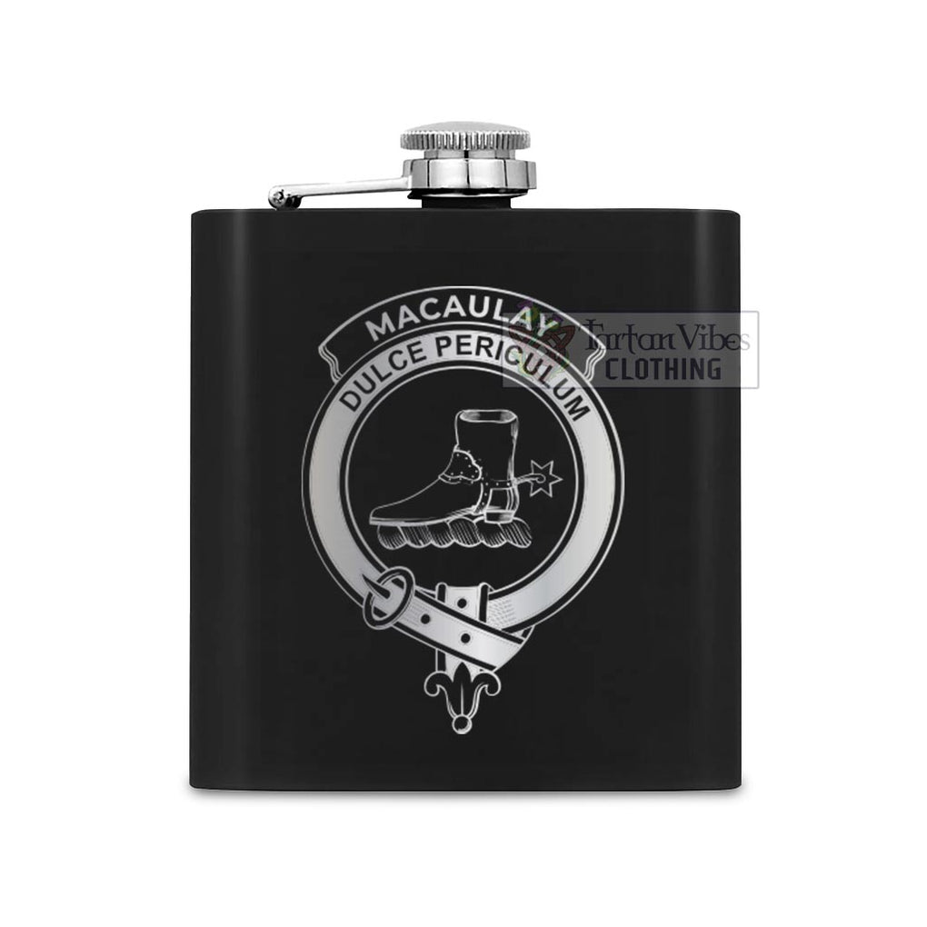 Tartan Vibes Clothing MacAulay (MacAuley) Crest Hip Flask Set 7oz Black Stainless Steel with A Gift Box