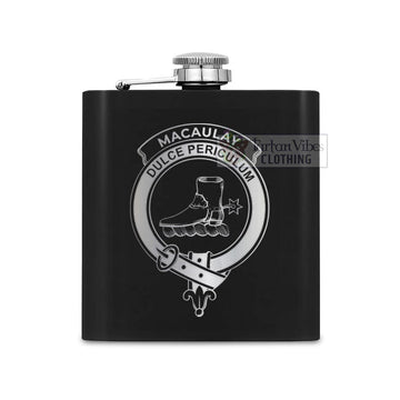 Tartan Vibes Clothing MacAulay (MacAuley) Crest Hip Flask Set 7oz Black Stainless Steel with A Gift Box