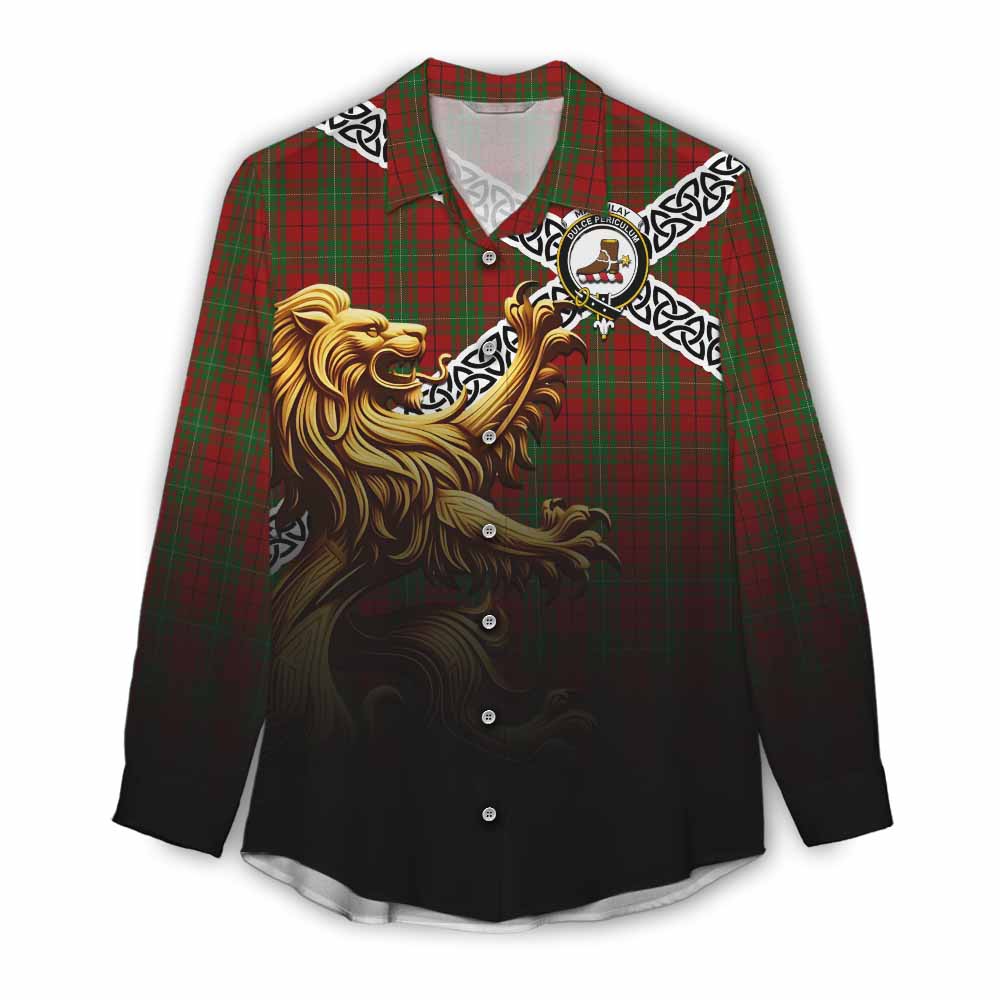 Tartan Vibes Clothing MacAulay (MacAuley) Crest Tartan Women's Casual Shirt with Golden Lion Emblem Celtic Style