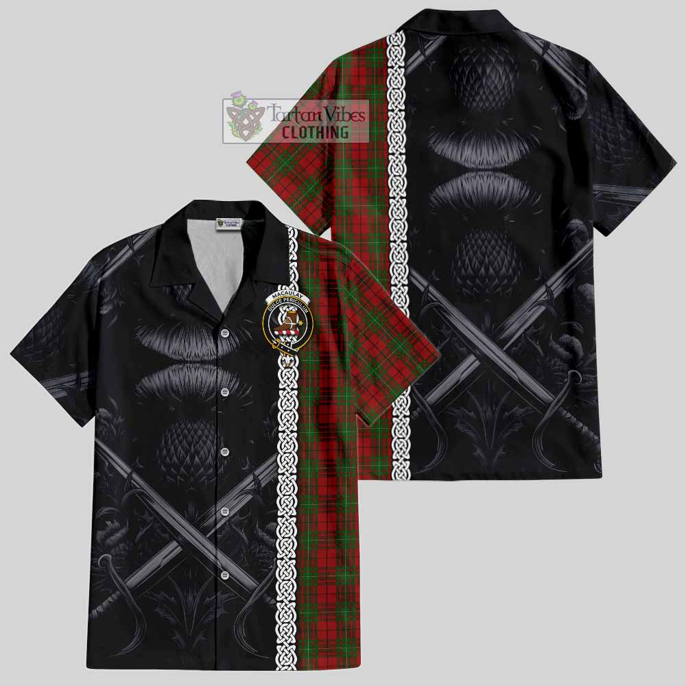 Tartan Vibes Clothing MacAulay (MacAuley) Tartan Short Sleeve Button Shirt with Family Crest Cross Sword Thistle Celtic Vibes