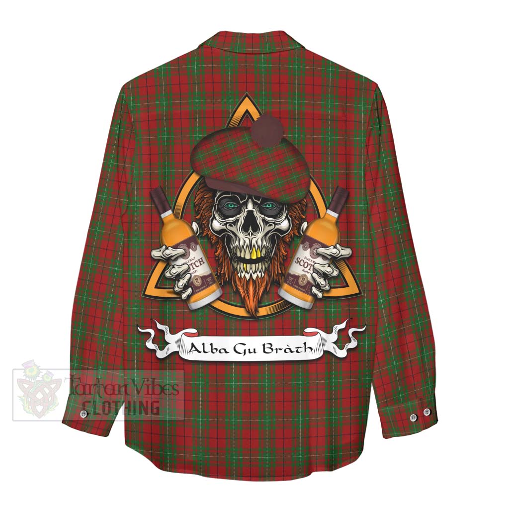 Tartan Vibes Clothing MacAulay (MacAuley) Tartan Women's Casual Shirt with Family Crest and Bearded Skull Holding Bottles of Whiskey