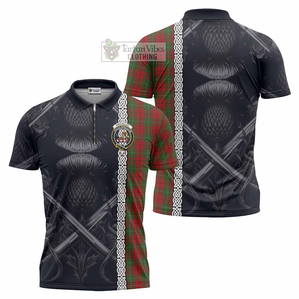 Tartan Vibes Clothing MacAulay (MacAuley) Tartan Zipper Polo Shirt with Family Crest Cross Sword Thistle Celtic Vibes