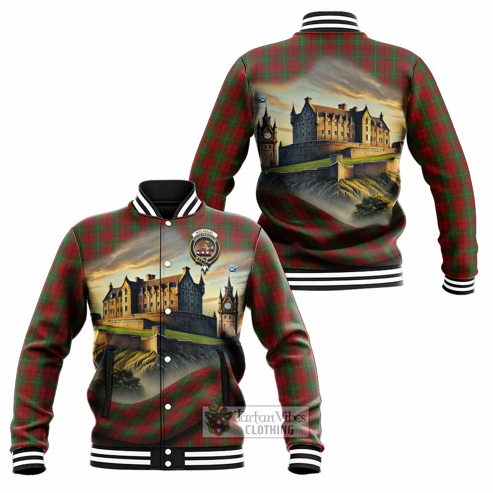 Tartan Vibes Clothing MacAulay (MacAuley) Tartan Family Crest Baseball Jacket with Scottish Ancient Castle Style