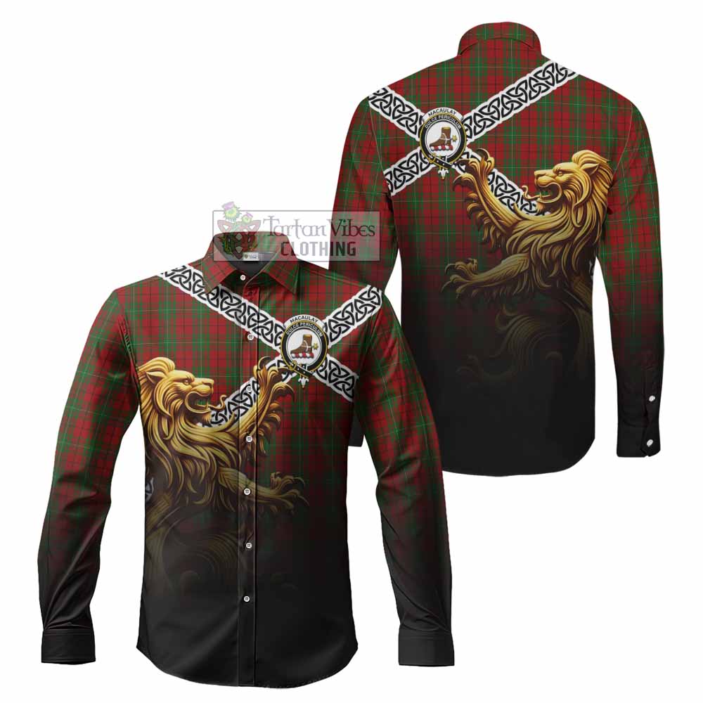Tartan Vibes Clothing MacAulay (MacAuley) Crest Tartan Long Sleeve Button Shirt with Golden Lion Emblem Celtic Style